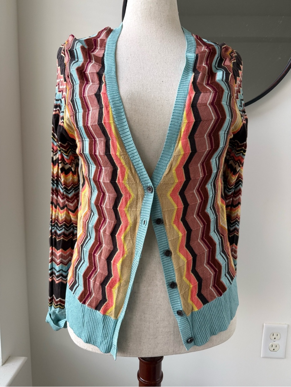 Missoni Multicolor Zigzag Knit Cardigan Sweater - Turquoise Trim